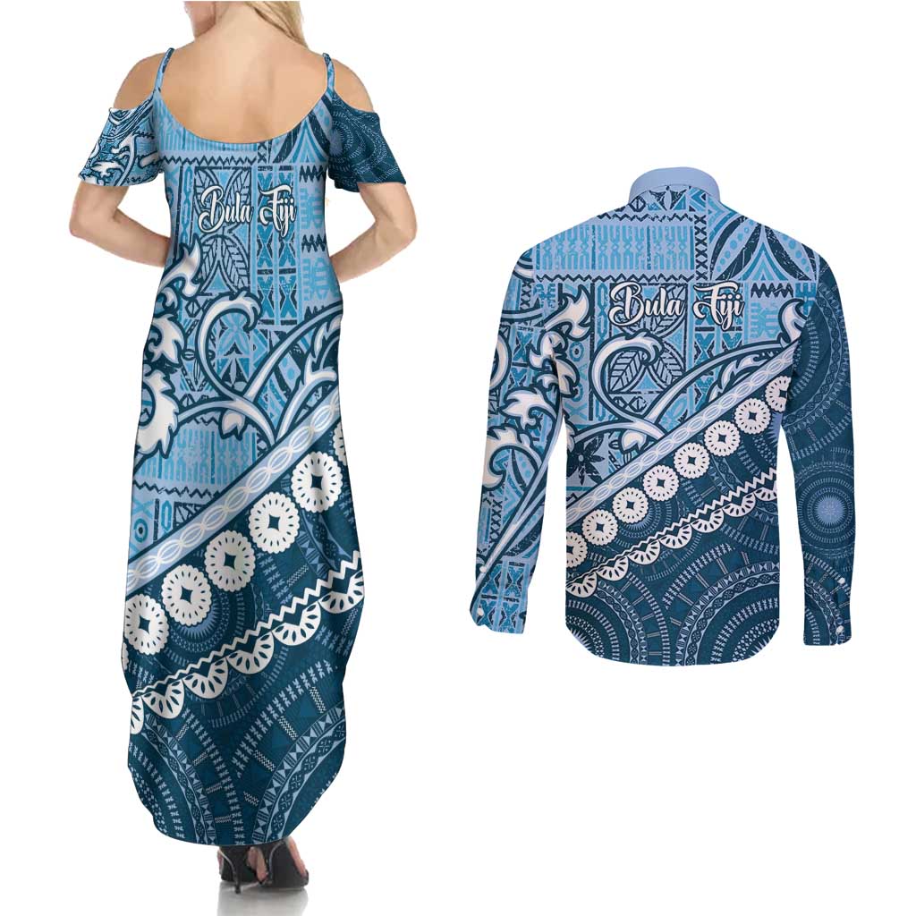Blue Bula Fiji Couples Matching Summer Maxi Dress and Long Sleeve Button Shirt Fijian Language Week Tapa Cloth - Pastel LT14 - Polynesian Pride