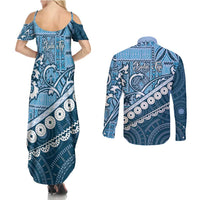 Blue Bula Fiji Couples Matching Summer Maxi Dress and Long Sleeve Button Shirt Fijian Language Week Tapa Cloth - Pastel LT14 - Polynesian Pride