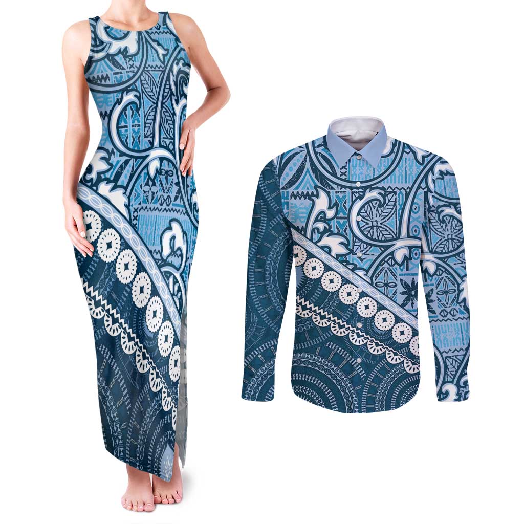 Blue Bula Fiji Couples Matching Tank Maxi Dress and Long Sleeve Button Shirt Fijian Language Week Tapa Cloth - Pastel LT14 Blue - Polynesian Pride