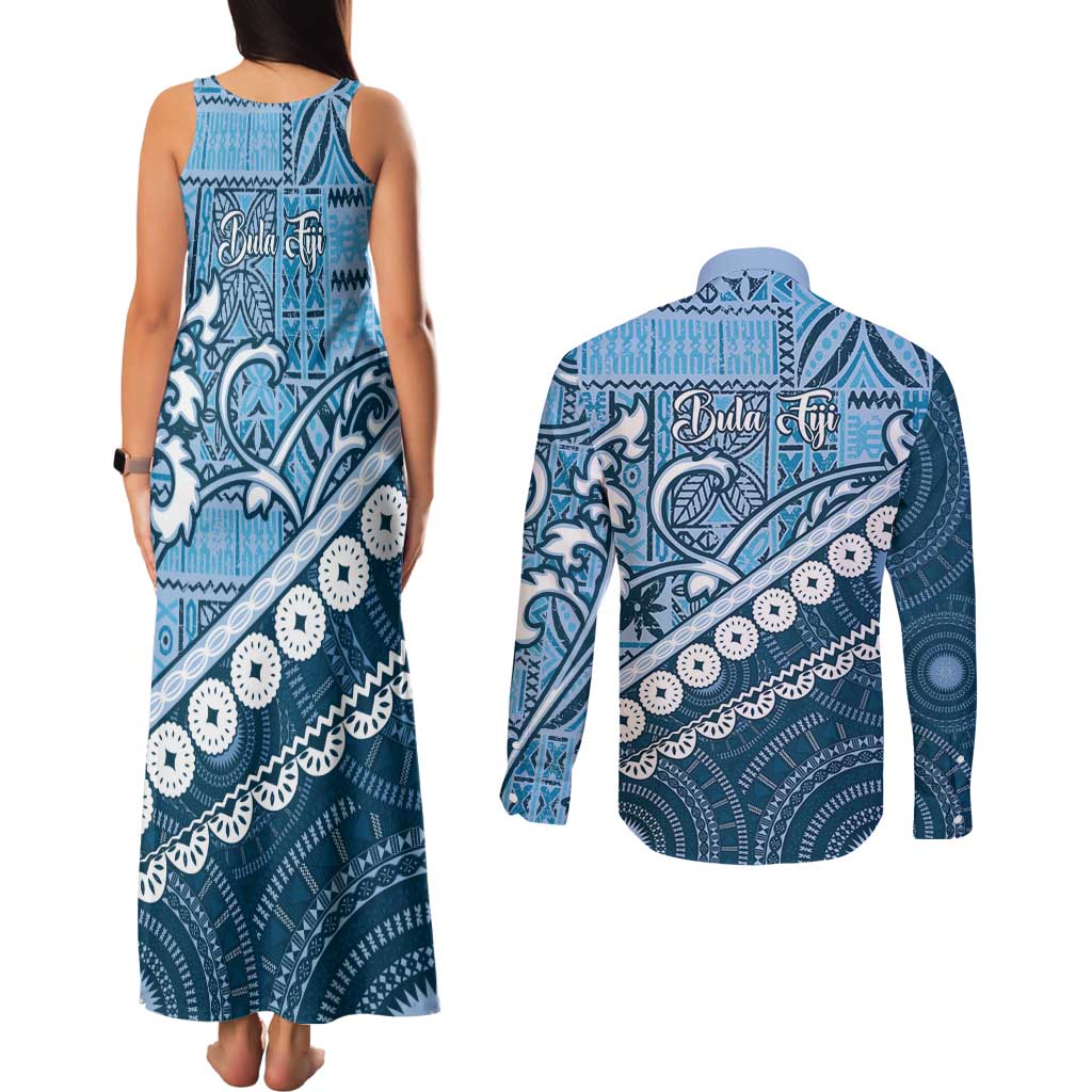 Blue Bula Fiji Couples Matching Tank Maxi Dress and Long Sleeve Button Shirt Fijian Language Week Tapa Cloth - Pastel LT14 - Polynesian Pride