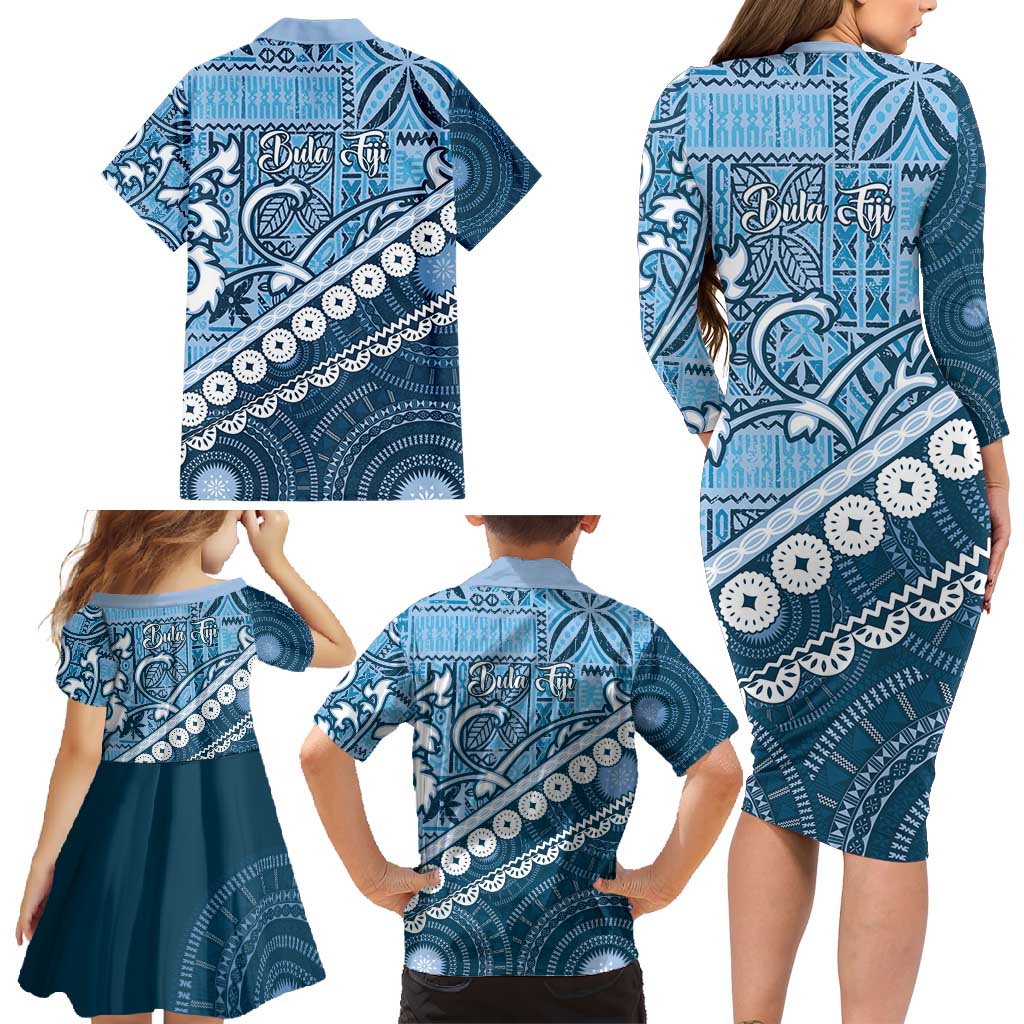Blue Bula Fiji Family Matching Long Sleeve Bodycon Dress and Hawaiian Shirt Fijian Language Week Tapa Cloth - Pastel LT14 - Polynesian Pride