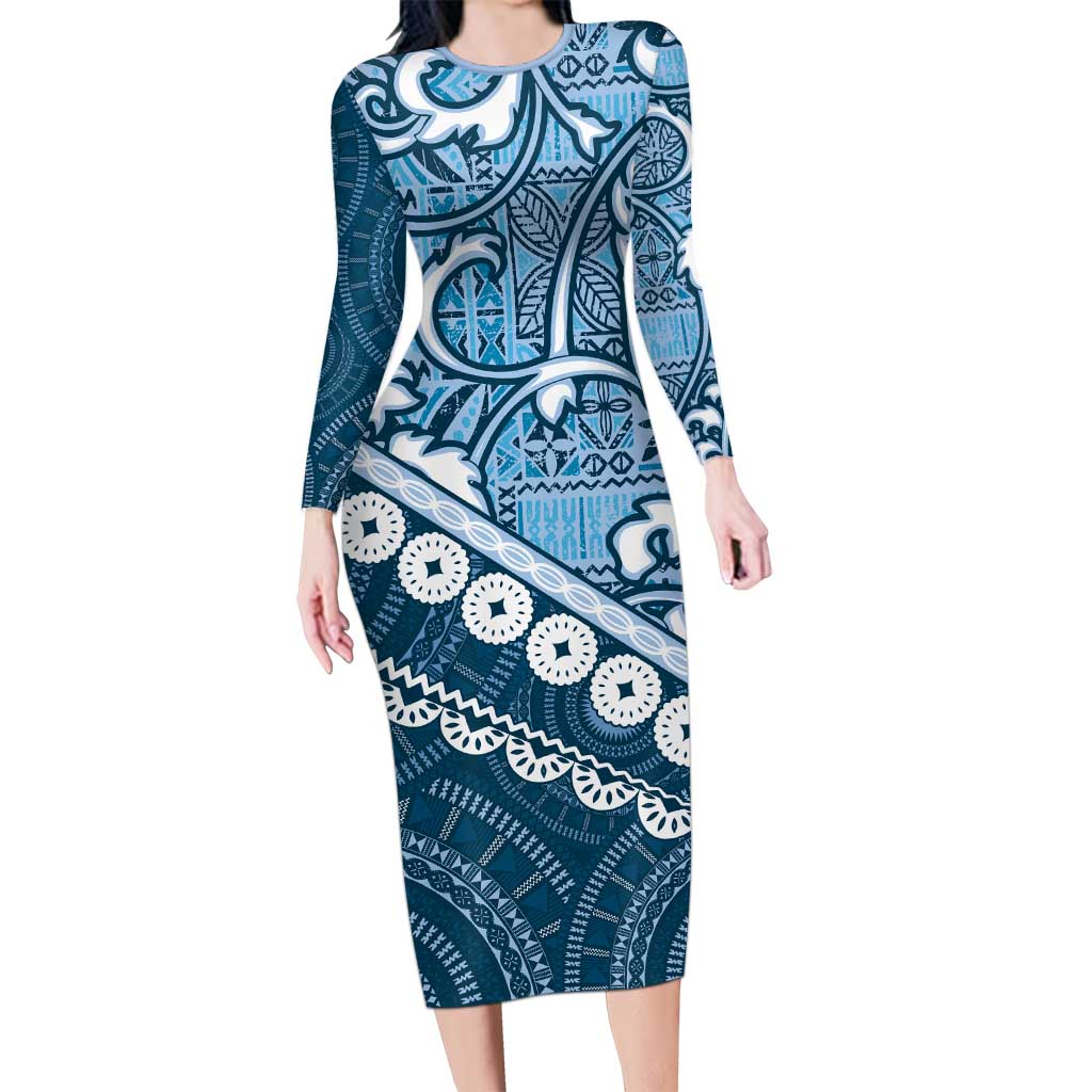 Blue Bula Fiji Family Matching Long Sleeve Bodycon Dress and Hawaiian Shirt Fijian Language Week Tapa Cloth - Pastel LT14 Mom's Dress Blue - Polynesian Pride
