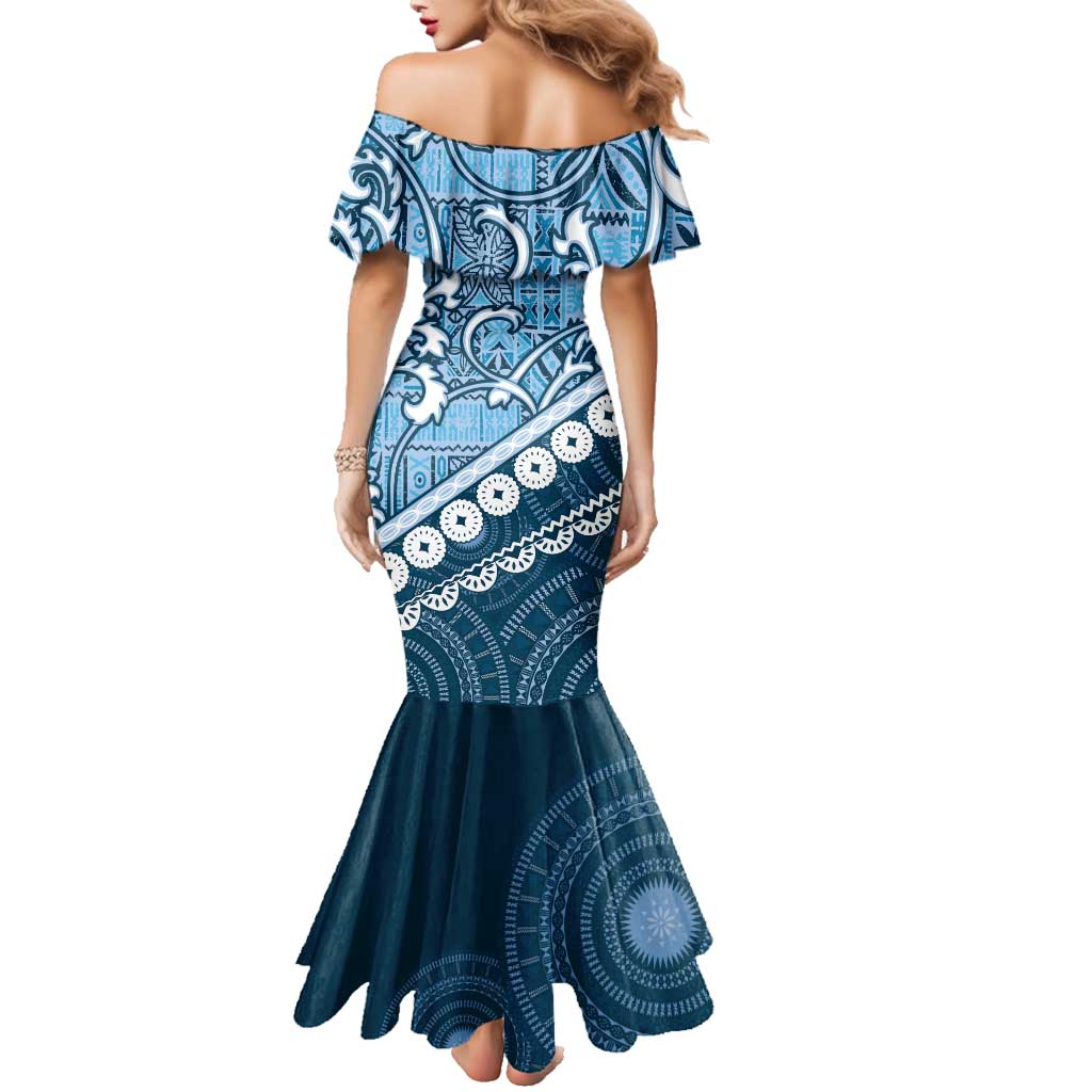 Blue Bula Fiji Family Matching Mermaid Dress and Hawaiian Shirt Fijian Language Week Tapa Cloth - Pastel LT14 - Polynesian Pride
