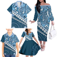 Blue Bula Fiji Family Matching Off The Shoulder Long Sleeve Dress and Hawaiian Shirt Fijian Language Week Tapa Cloth - Pastel LT14 - Polynesian Pride