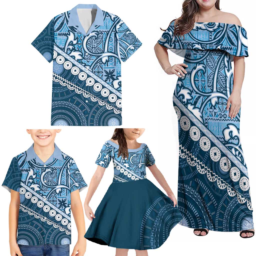 Blue Bula Fiji Family Matching Off Shoulder Maxi Dress and Hawaiian Shirt Fijian Language Week Tapa Cloth - Pastel LT14 - Polynesian Pride