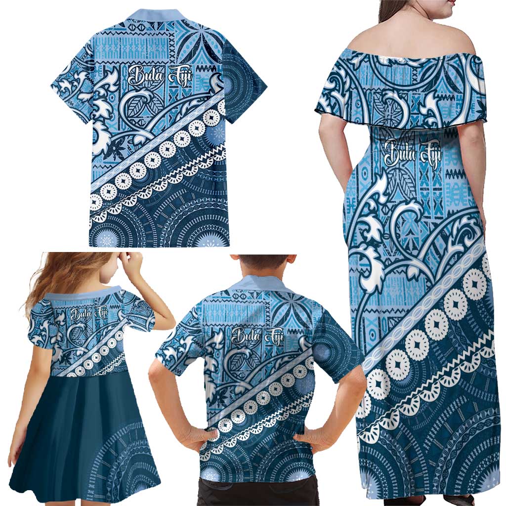 Blue Bula Fiji Family Matching Off Shoulder Maxi Dress and Hawaiian Shirt Fijian Language Week Tapa Cloth - Pastel LT14 - Polynesian Pride