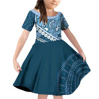 Blue Bula Fiji Family Matching Off Shoulder Short Dress and Hawaiian Shirt Fijian Language Week Tapa Cloth - Pastel LT14 Daughter's Dress Blue - Polynesian Pride