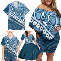 Blue Bula Fiji Family Matching Off Shoulder Short Dress and Hawaiian Shirt Fijian Language Week Tapa Cloth - Pastel LT14 - Polynesian Pride