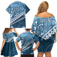 Blue Bula Fiji Family Matching Off Shoulder Short Dress and Hawaiian Shirt Fijian Language Week Tapa Cloth - Pastel LT14 - Polynesian Pride