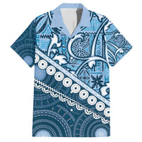 Blue Bula Fiji Family Matching Off Shoulder Short Dress and Hawaiian Shirt Fijian Language Week Tapa Cloth - Pastel LT14 Dad's Shirt - Short Sleeve Blue - Polynesian Pride