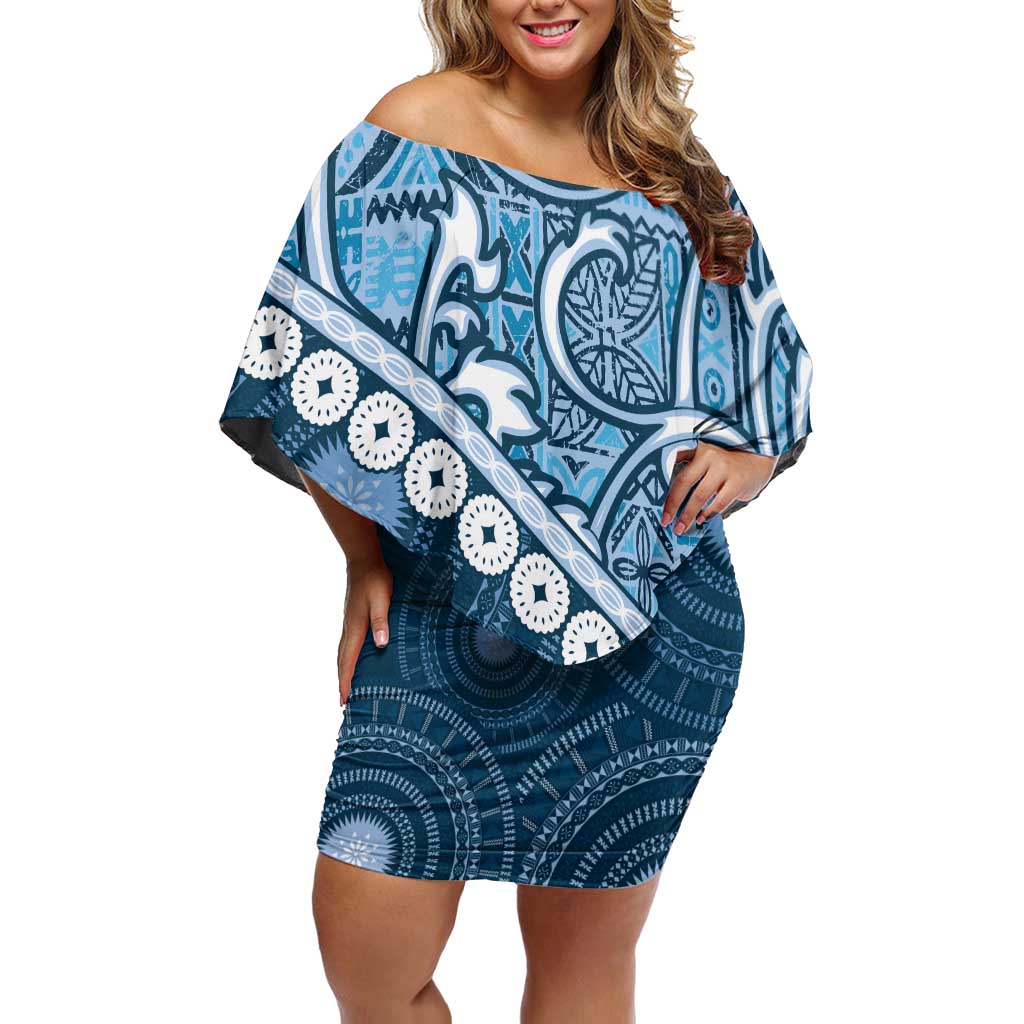 Blue Bula Fiji Family Matching Off Shoulder Short Dress and Hawaiian Shirt Fijian Language Week Tapa Cloth - Pastel LT14 Mom's Dress Blue - Polynesian Pride