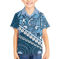 Blue Bula Fiji Family Matching Puletasi and Hawaiian Shirt Fijian Language Week Tapa Cloth - Pastel LT14 Son's Shirt Blue - Polynesian Pride