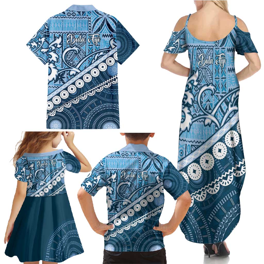 Blue Bula Fiji Family Matching Summer Maxi Dress and Hawaiian Shirt Fijian Language Week Tapa Cloth - Pastel LT14 - Polynesian Pride