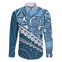 Blue Bula Fiji Family Matching Summer Maxi Dress and Hawaiian Shirt Fijian Language Week Tapa Cloth - Pastel LT14 Dad's Shirt - Long Sleeve Blue - Polynesian Pride