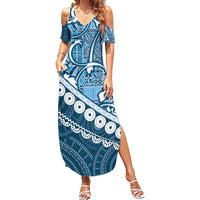 Blue Bula Fiji Family Matching Summer Maxi Dress and Hawaiian Shirt Fijian Language Week Tapa Cloth - Pastel LT14 Mom's Dress Blue - Polynesian Pride