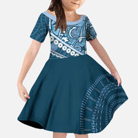 Blue Bula Fiji Family Matching Tank Maxi Dress and Hawaiian Shirt Fijian Language Week Tapa Cloth - Pastel LT14 Daughter's Dress Blue - Polynesian Pride