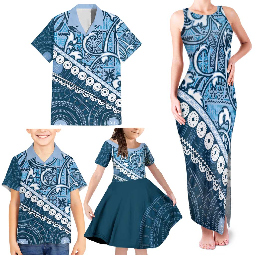 Blue Bula Fiji Family Matching Tank Maxi Dress and Hawaiian Shirt Fijian Language Week Tapa Cloth - Pastel LT14 - Polynesian Pride