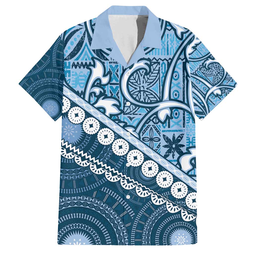 Blue Bula Fiji Family Matching Tank Maxi Dress and Hawaiian Shirt Fijian Language Week Tapa Cloth - Pastel LT14 Dad's Shirt - Short Sleeve Blue - Polynesian Pride