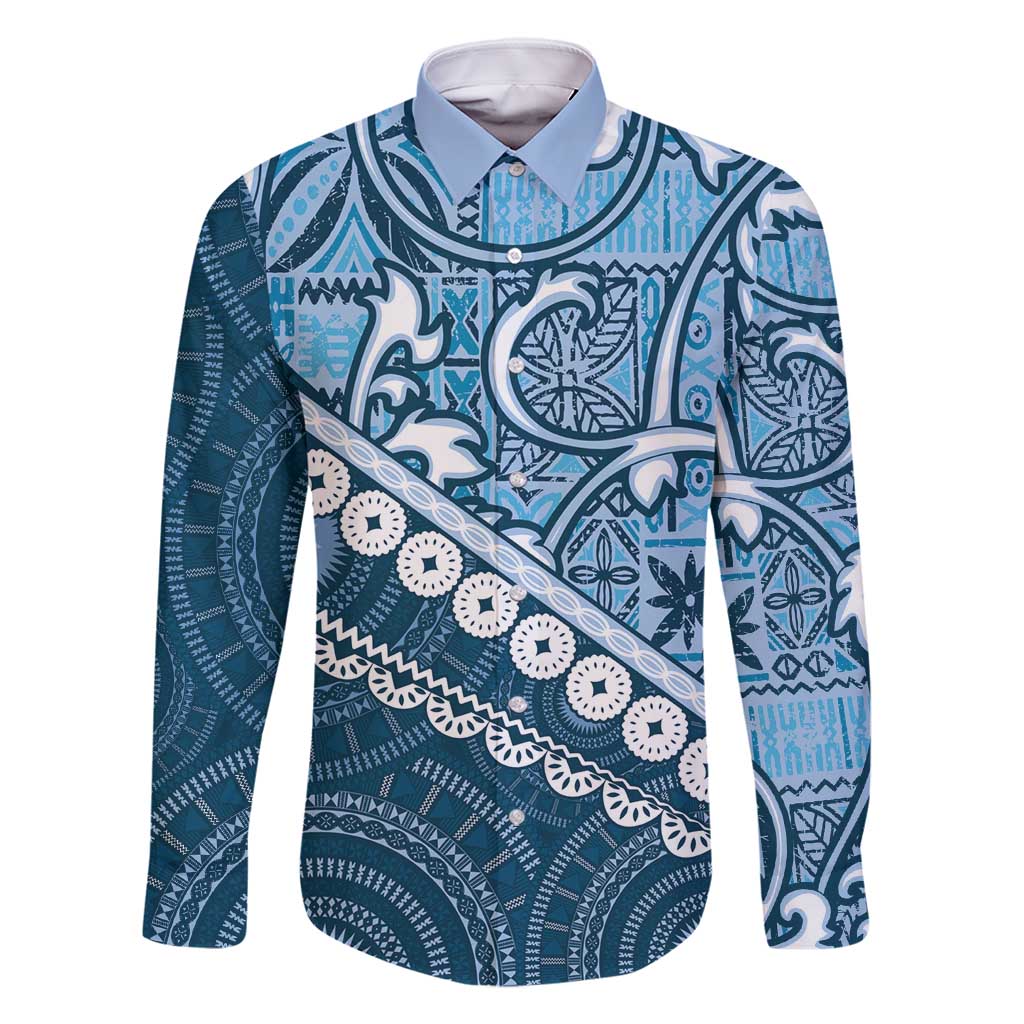 Blue Bula Fiji Family Matching Tank Maxi Dress and Hawaiian Shirt Fijian Language Week Tapa Cloth - Pastel LT14 Dad's Shirt - Long Sleeve Blue - Polynesian Pride