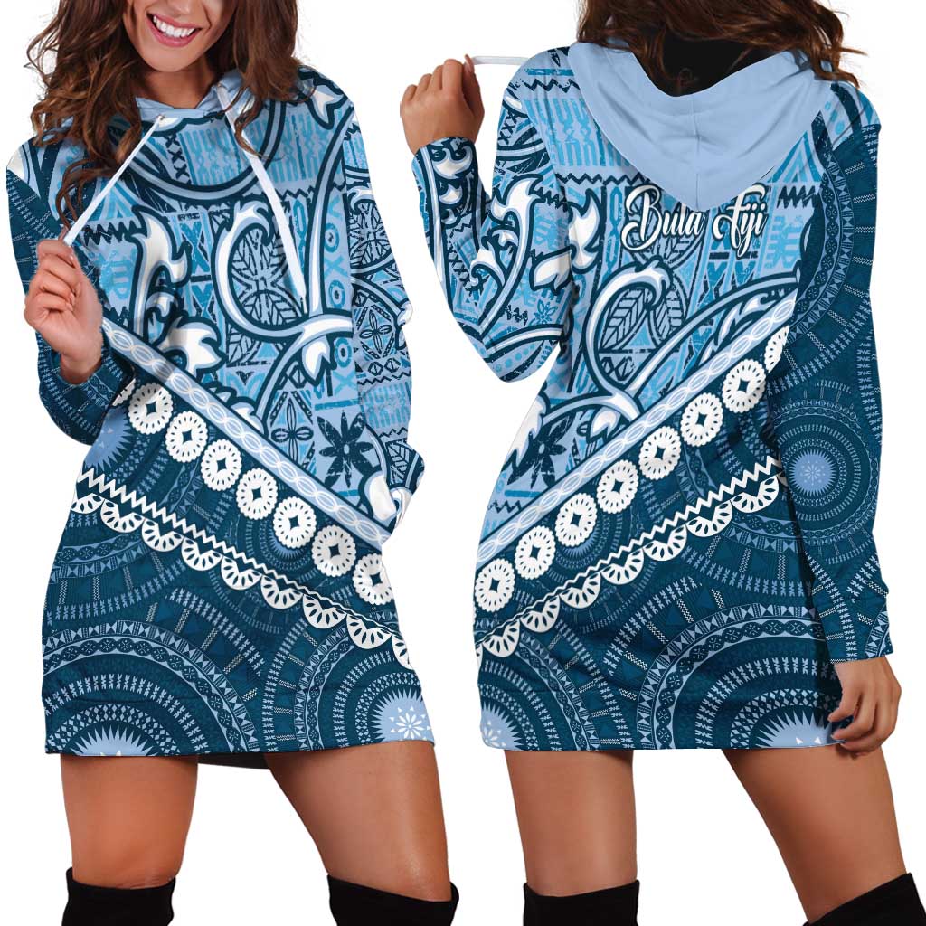 Blue Bula Fiji Hoodie Dress Fijian Language Week Tapa Cloth - Pastel LT14 - Polynesian Pride