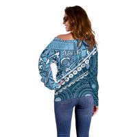 Blue Bula Fiji Off Shoulder Sweater Fijian Language Week Tapa Cloth - Pastel