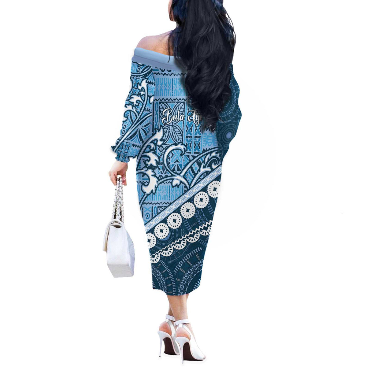 Blue Bula Fiji Off The Shoulder Long Sleeve Dress Fijian Language Week Tapa Cloth - Pastel LT14 - Polynesian Pride