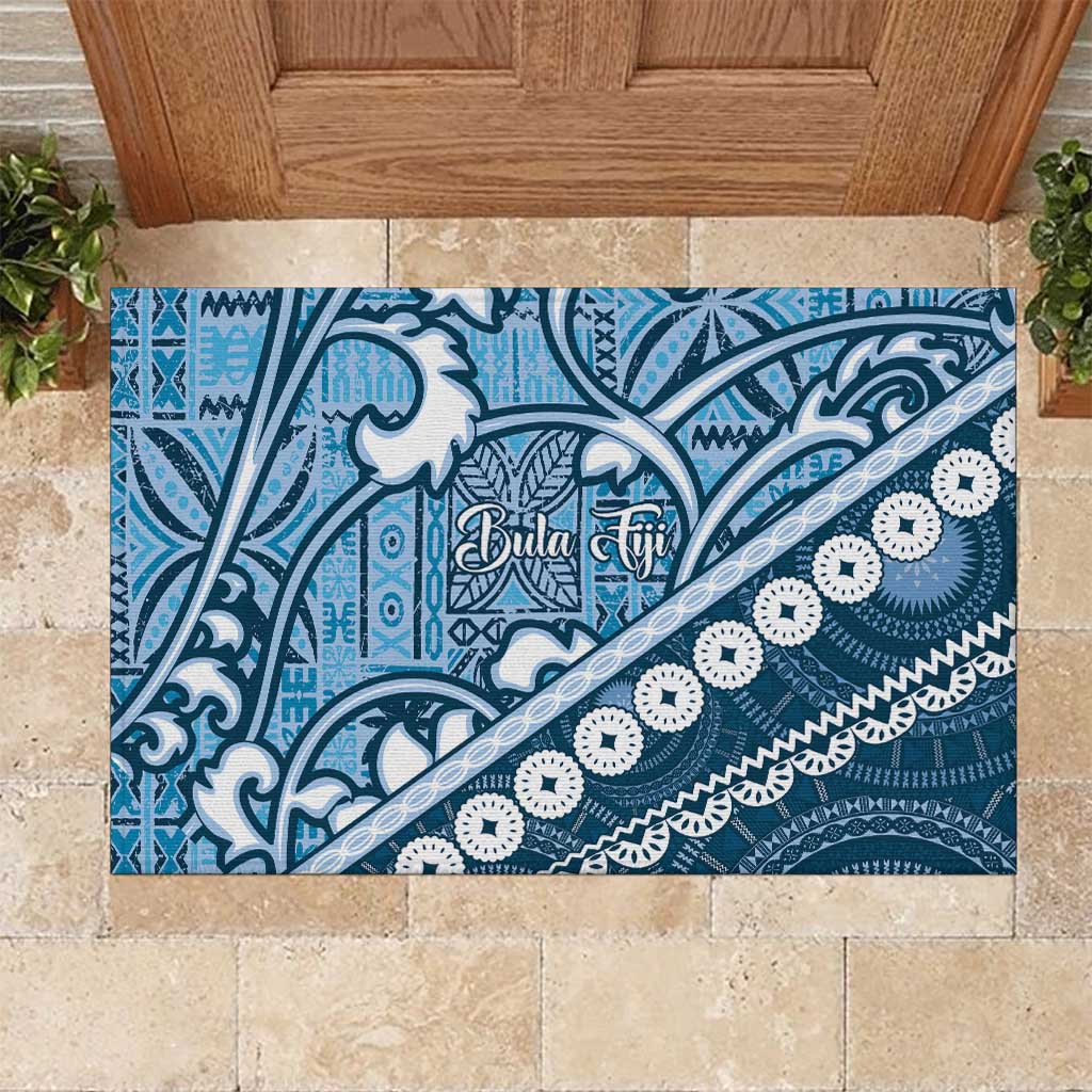 Blue Bula Fiji Rubber Doormat Fijian Language Week Tapa Cloth - Pastel LT14 Blue - Polynesian Pride