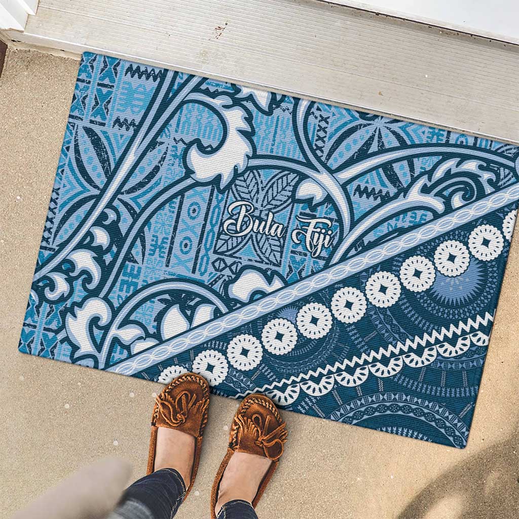Blue Bula Fiji Rubber Doormat Fijian Language Week Tapa Cloth - Pastel LT14 - Polynesian Pride