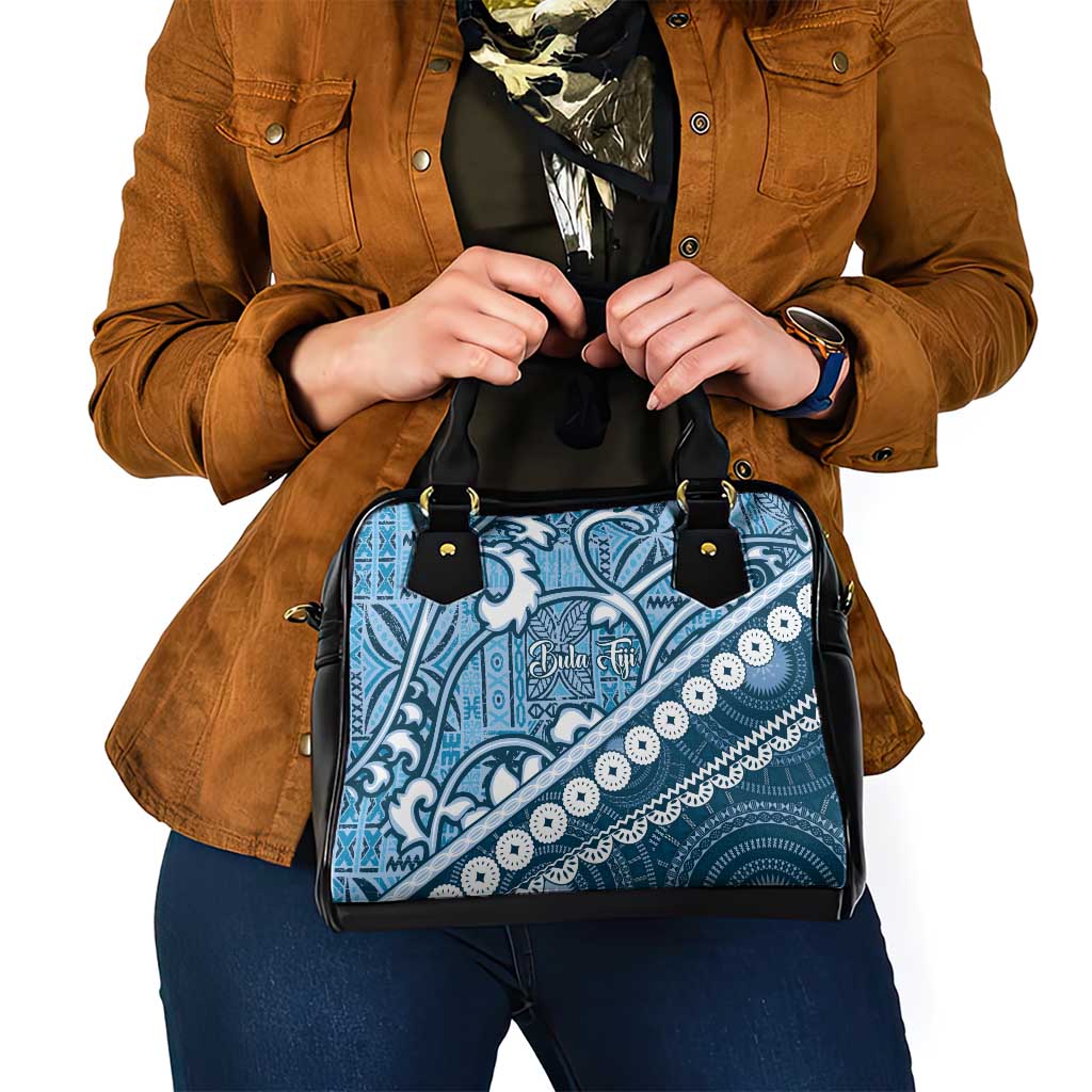 Blue Bula Fiji Shoulder Handbag Fijian Language Week Tapa Cloth - Pastel
