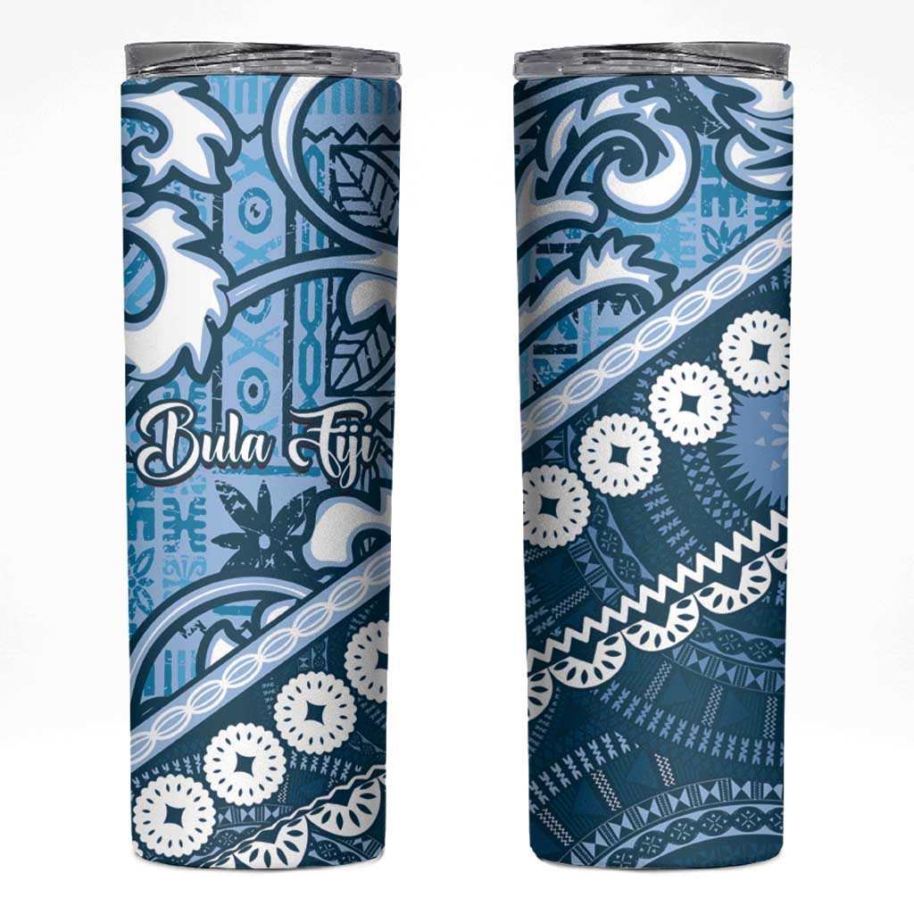 Blue Bula Fiji Skinny Tumbler Fijian Language Week Tapa Cloth - Pastel LT14 Blue - Polynesian Pride