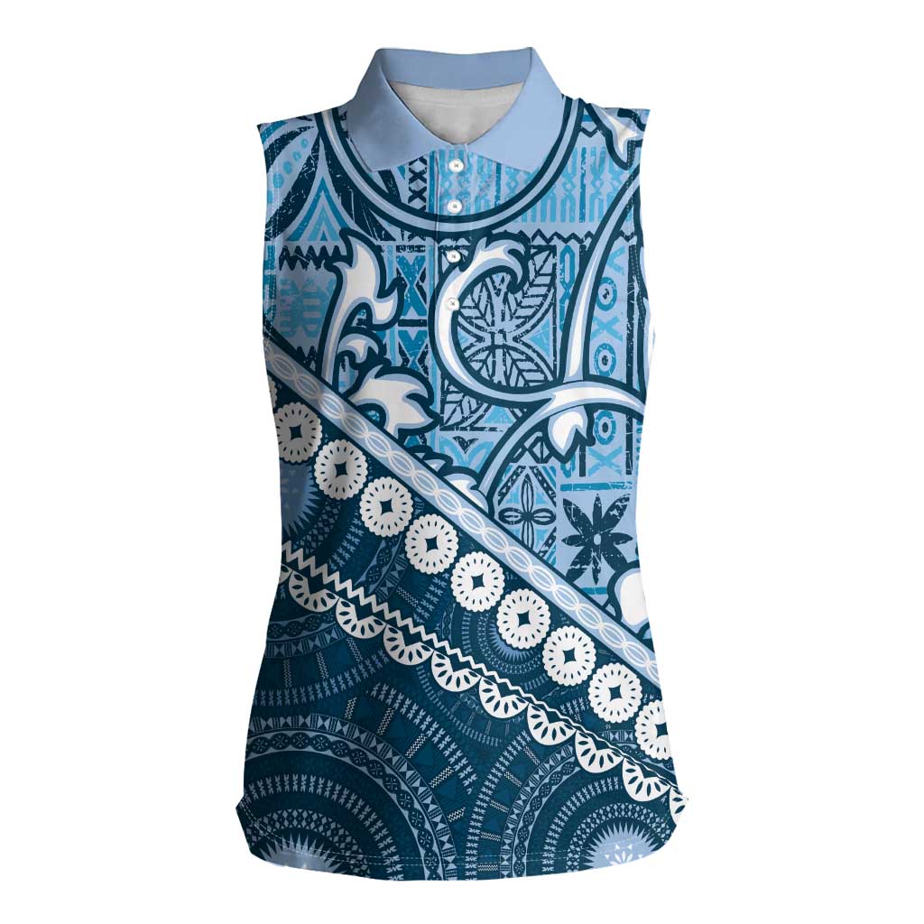 Blue Bula Fiji Women Sleeveless Polo Shirt Fijian Language Week Tapa Cloth - Pastel LT14 Female Blue - Polynesian Pride