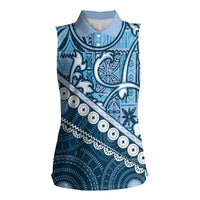 Blue Bula Fiji Women Sleeveless Polo Shirt Fijian Language Week Tapa Cloth - Pastel LT14 Female Blue - Polynesian Pride
