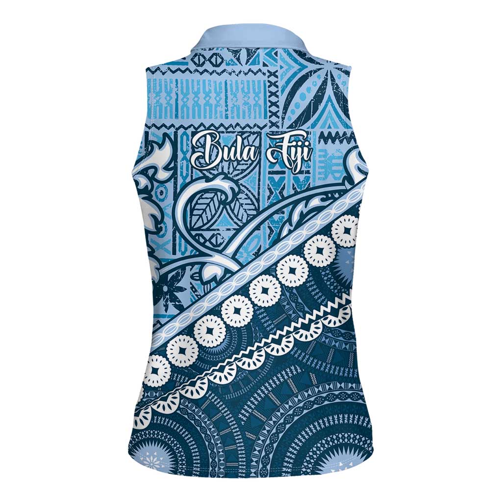 Blue Bula Fiji Women Sleeveless Polo Shirt Fijian Language Week Tapa Cloth - Pastel LT14 - Polynesian Pride