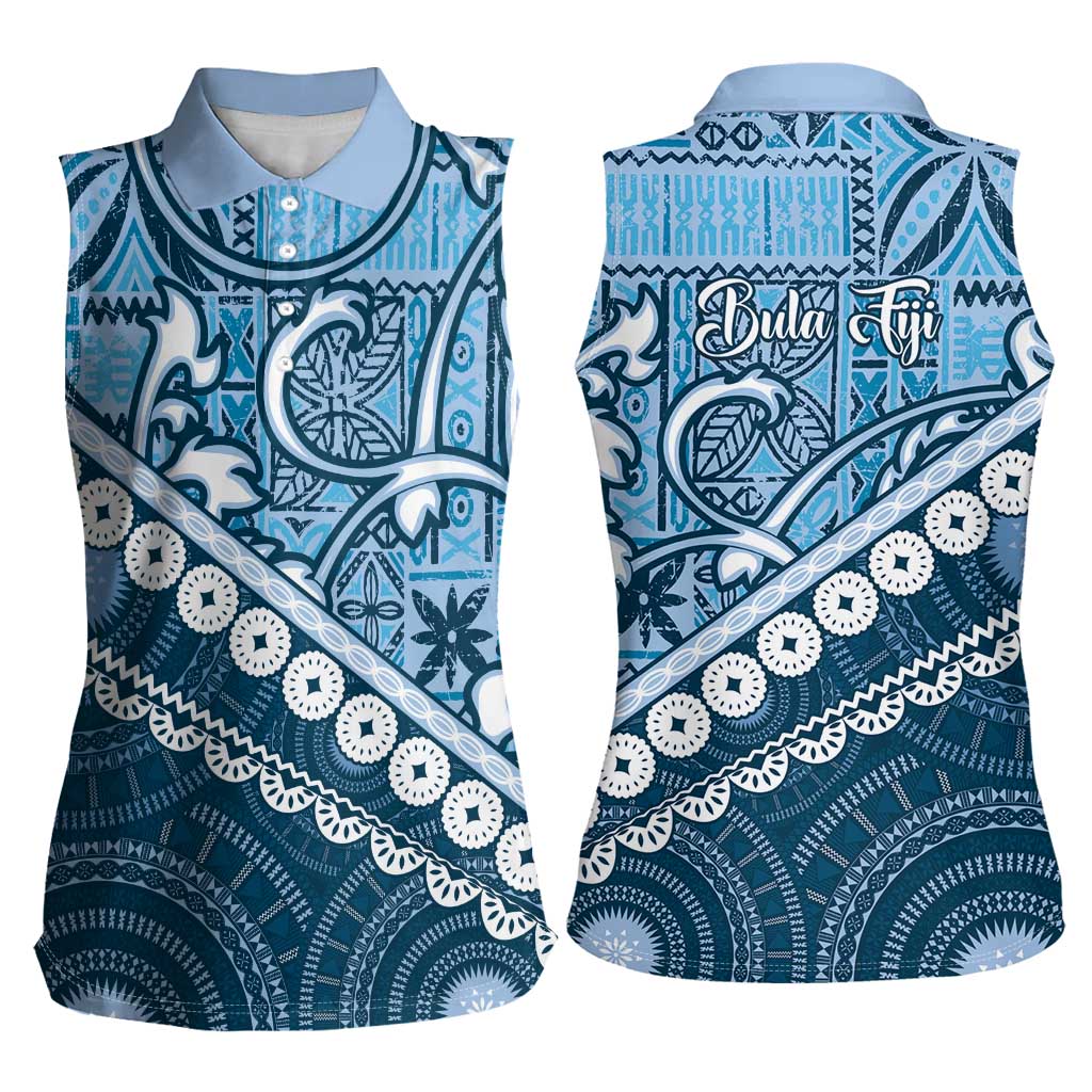 Blue Bula Fiji Women Sleeveless Polo Shirt Fijian Language Week Tapa Cloth - Pastel LT14 - Polynesian Pride