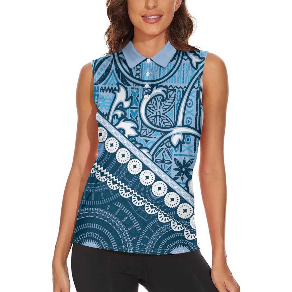 Blue Bula Fiji Women Sleeveless Polo Shirt Fijian Language Week Tapa Cloth - Pastel LT14 - Polynesian Pride