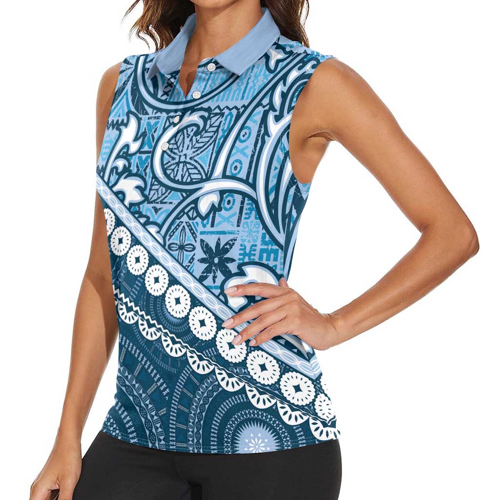 Blue Bula Fiji Women Sleeveless Polo Shirt Fijian Language Week Tapa Cloth - Pastel LT14 - Polynesian Pride