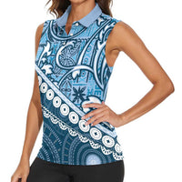 Blue Bula Fiji Women Sleeveless Polo Shirt Fijian Language Week Tapa Cloth - Pastel LT14 - Polynesian Pride