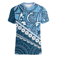 Blue Bula Fiji Women V-Neck T-Shirt Fijian Language Week Tapa Cloth - Pastel LT14 Female Blue - Polynesian Pride