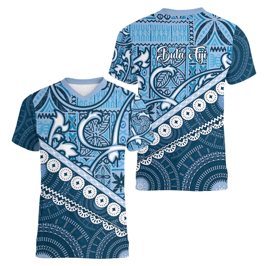 Blue Bula Fiji Women V-Neck T-Shirt Fijian Language Week Tapa Cloth - Pastel LT14 - Polynesian Pride