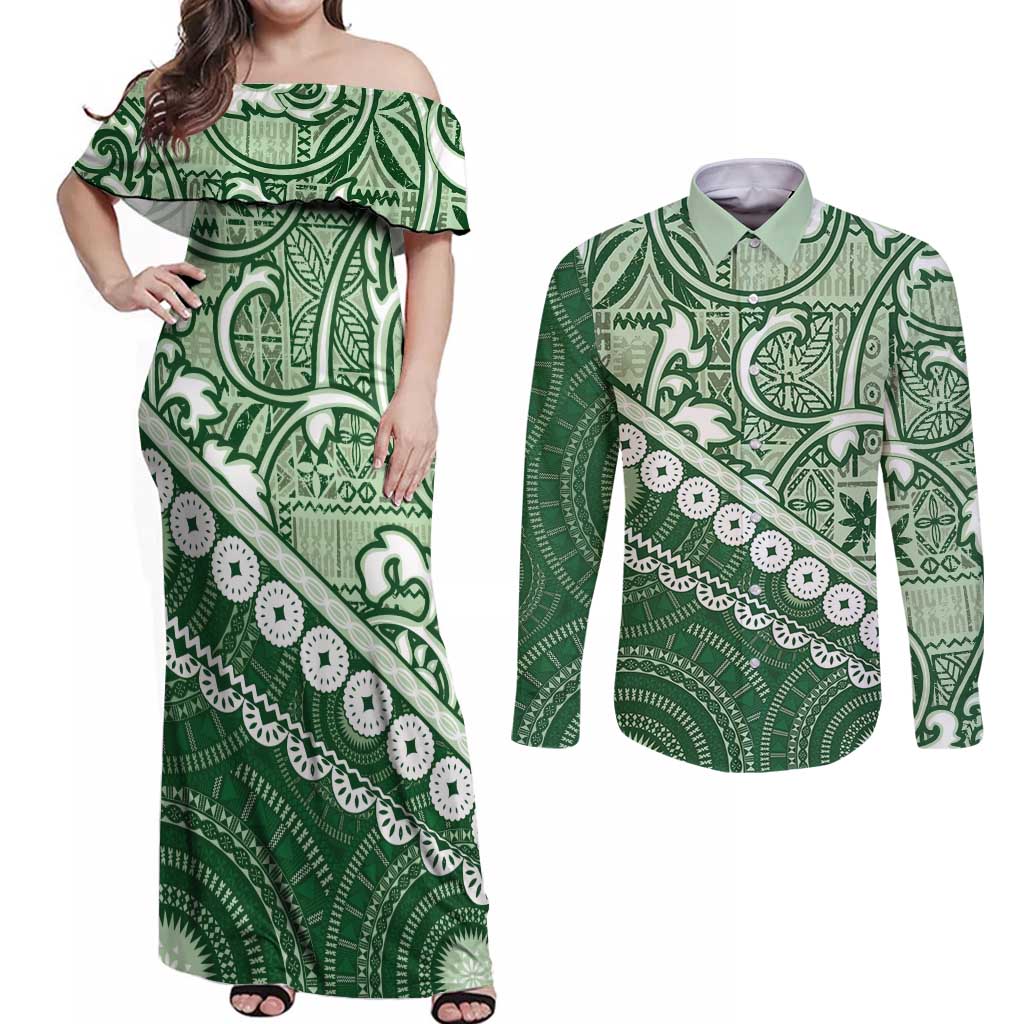 Green Bula Fiji Couples Matching Off Shoulder Maxi Dress and Long Sleeve Button Shirt Fijian Language Week Tapa Cloth - Pastel LT14 Green - Polynesian Pride