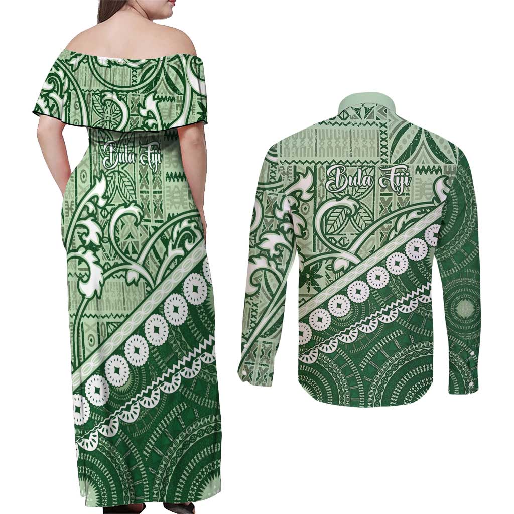 Green Bula Fiji Couples Matching Off Shoulder Maxi Dress and Long Sleeve Button Shirt Fijian Language Week Tapa Cloth - Pastel LT14 - Polynesian Pride