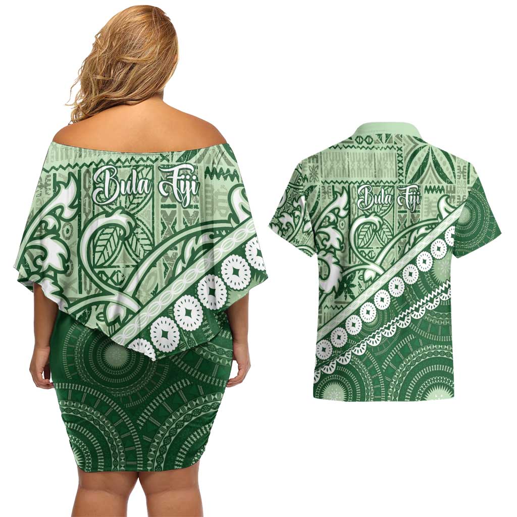 Green Bula Fiji Couples Matching Off Shoulder Short Dress and Hawaiian Shirt Fijian Language Week Tapa Cloth - Pastel LT14 - Polynesian Pride