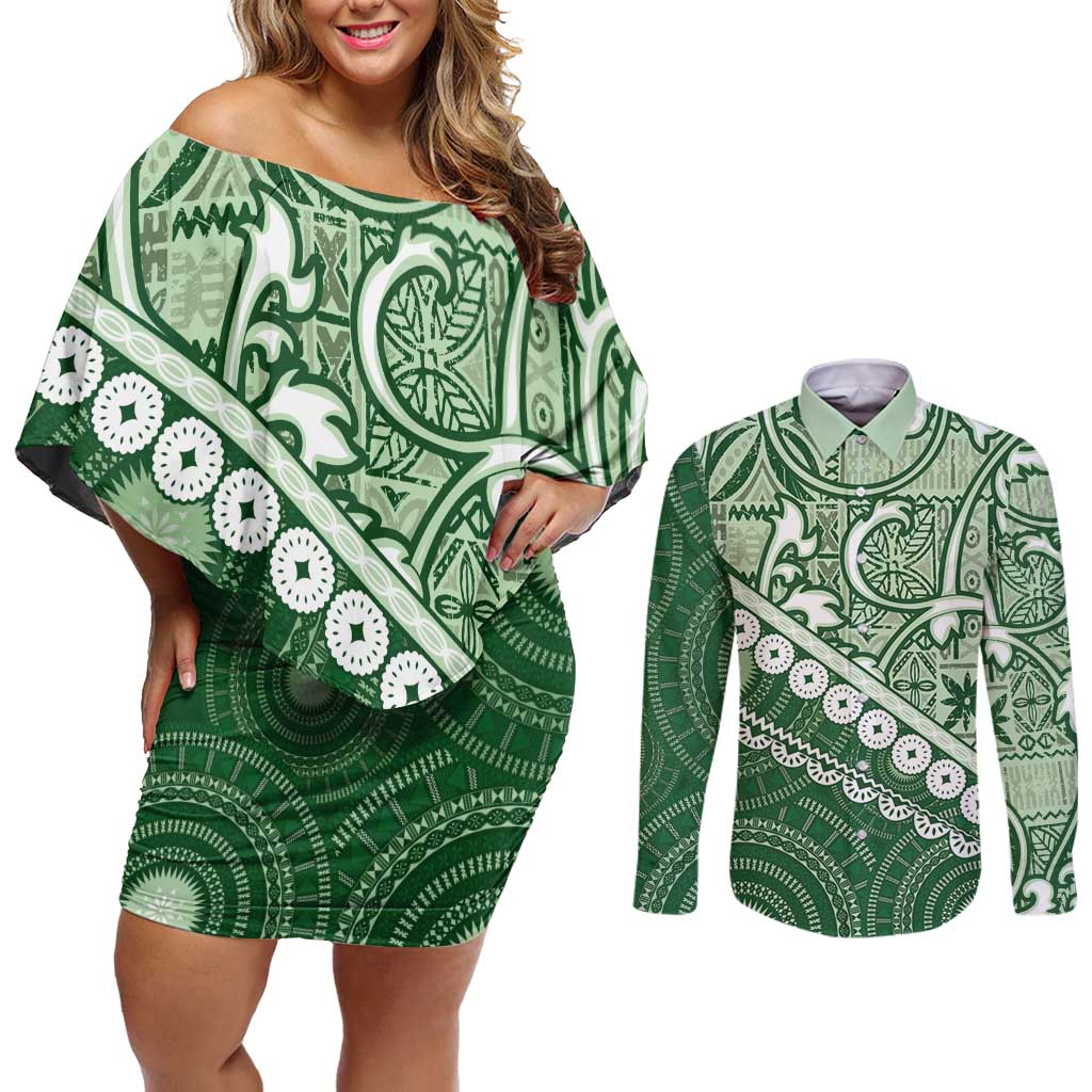 Green Bula Fiji Couples Matching Off Shoulder Short Dress and Long Sleeve Button Shirt Fijian Language Week Tapa Cloth - Pastel LT14 Green - Polynesian Pride