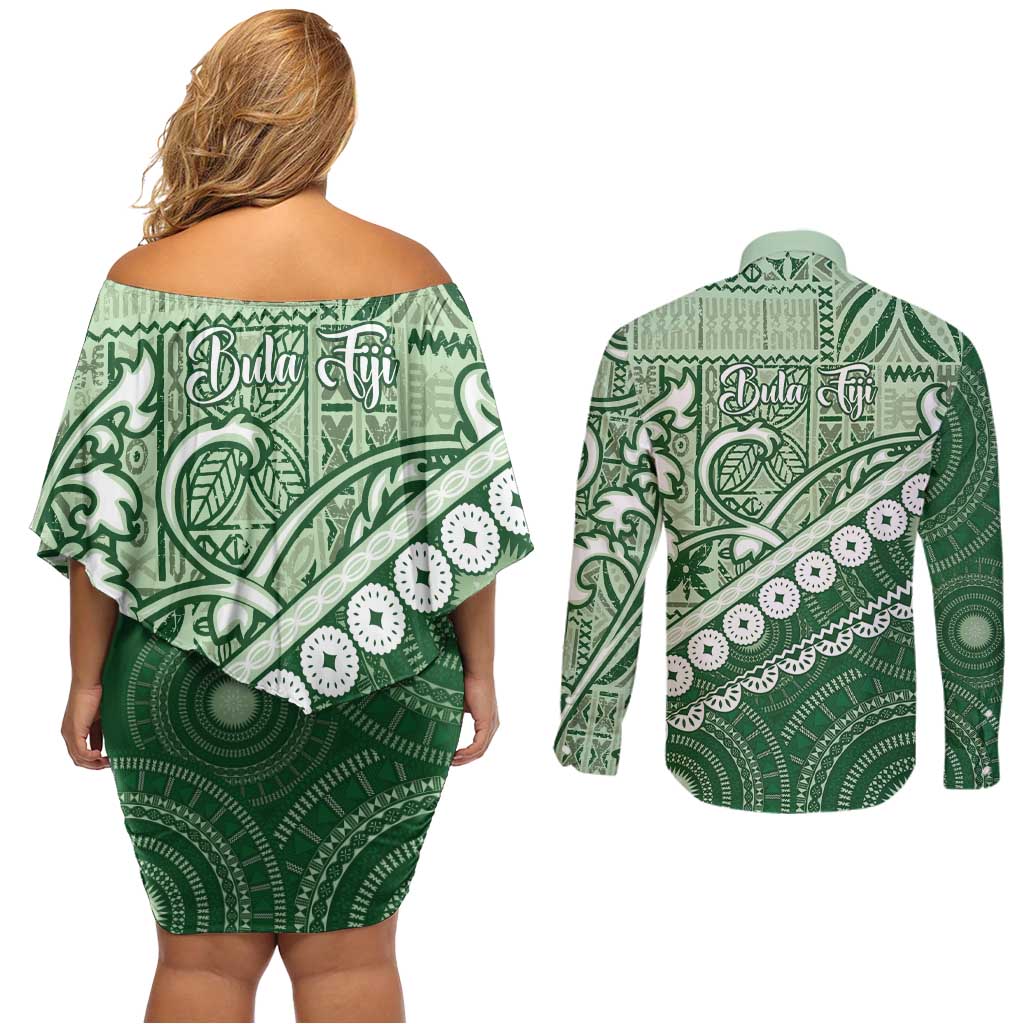 Green Bula Fiji Couples Matching Off Shoulder Short Dress and Long Sleeve Button Shirt Fijian Language Week Tapa Cloth - Pastel LT14 - Polynesian Pride