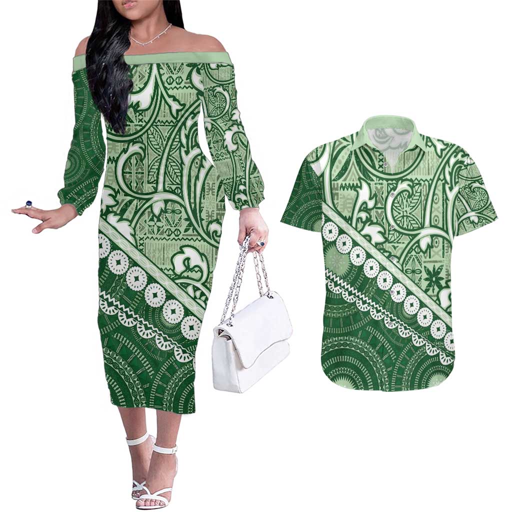 Green Bula Fiji Couples Matching Off The Shoulder Long Sleeve Dress and Hawaiian Shirt Fijian Language Week Tapa Cloth - Pastel LT14 Green - Polynesian Pride