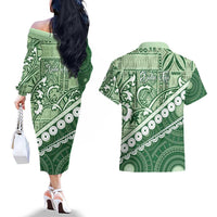 Green Bula Fiji Couples Matching Off The Shoulder Long Sleeve Dress and Hawaiian Shirt Fijian Language Week Tapa Cloth - Pastel LT14 - Polynesian Pride