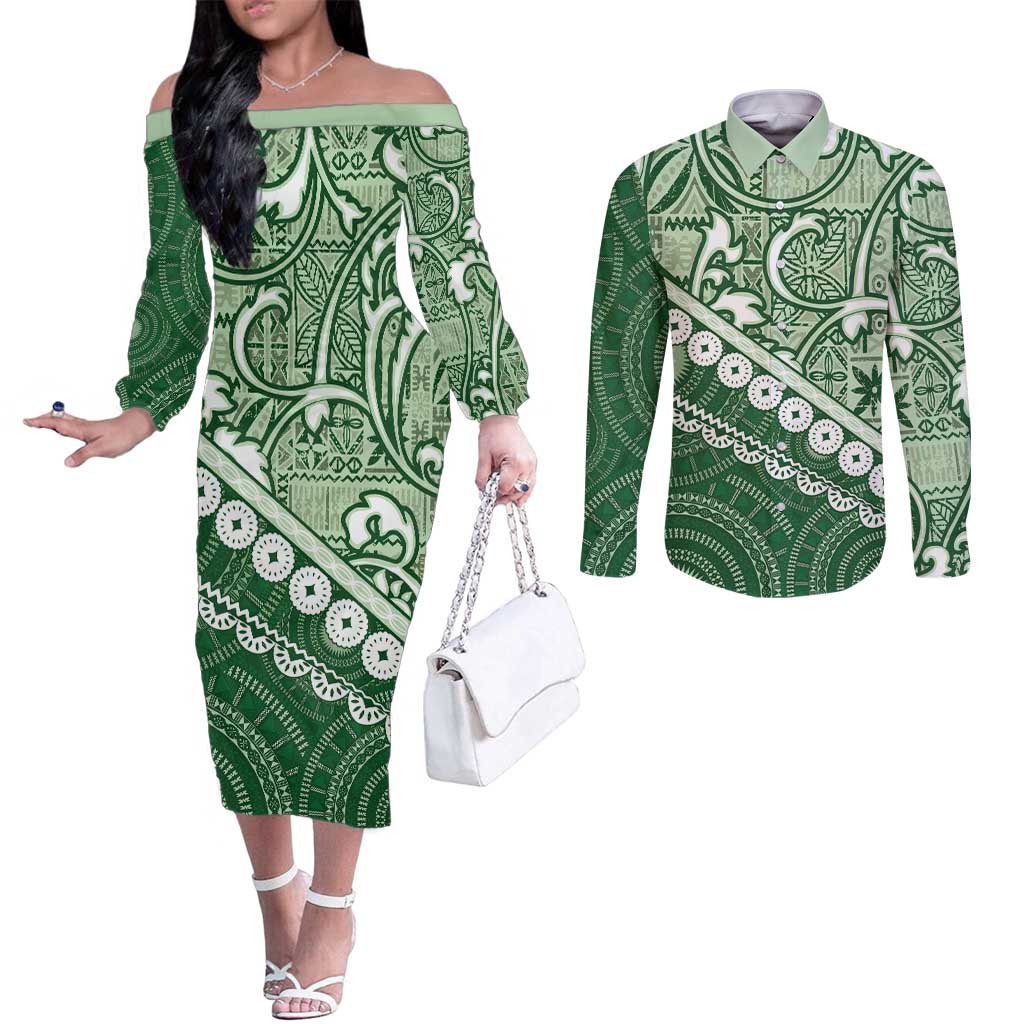 Green Bula Fiji Couples Matching Off The Shoulder Long Sleeve Dress and Long Sleeve Button Shirt Fijian Language Week Tapa Cloth - Pastel LT14 Green - Polynesian Pride