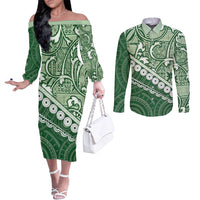 Green Bula Fiji Couples Matching Off The Shoulder Long Sleeve Dress and Long Sleeve Button Shirt Fijian Language Week Tapa Cloth - Pastel LT14 Green - Polynesian Pride