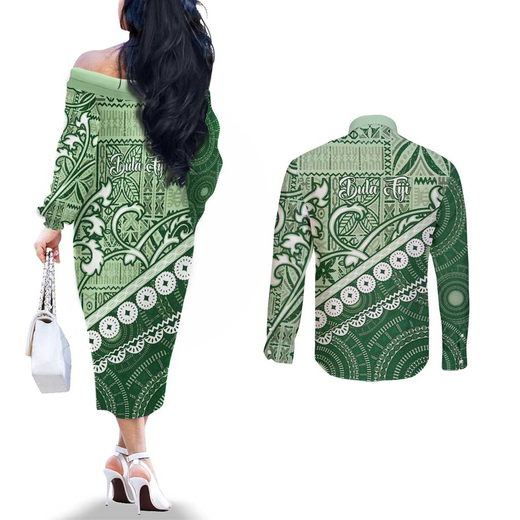 Green Bula Fiji Couples Matching Off The Shoulder Long Sleeve Dress and Long Sleeve Button Shirt Fijian Language Week Tapa Cloth - Pastel LT14 - Polynesian Pride