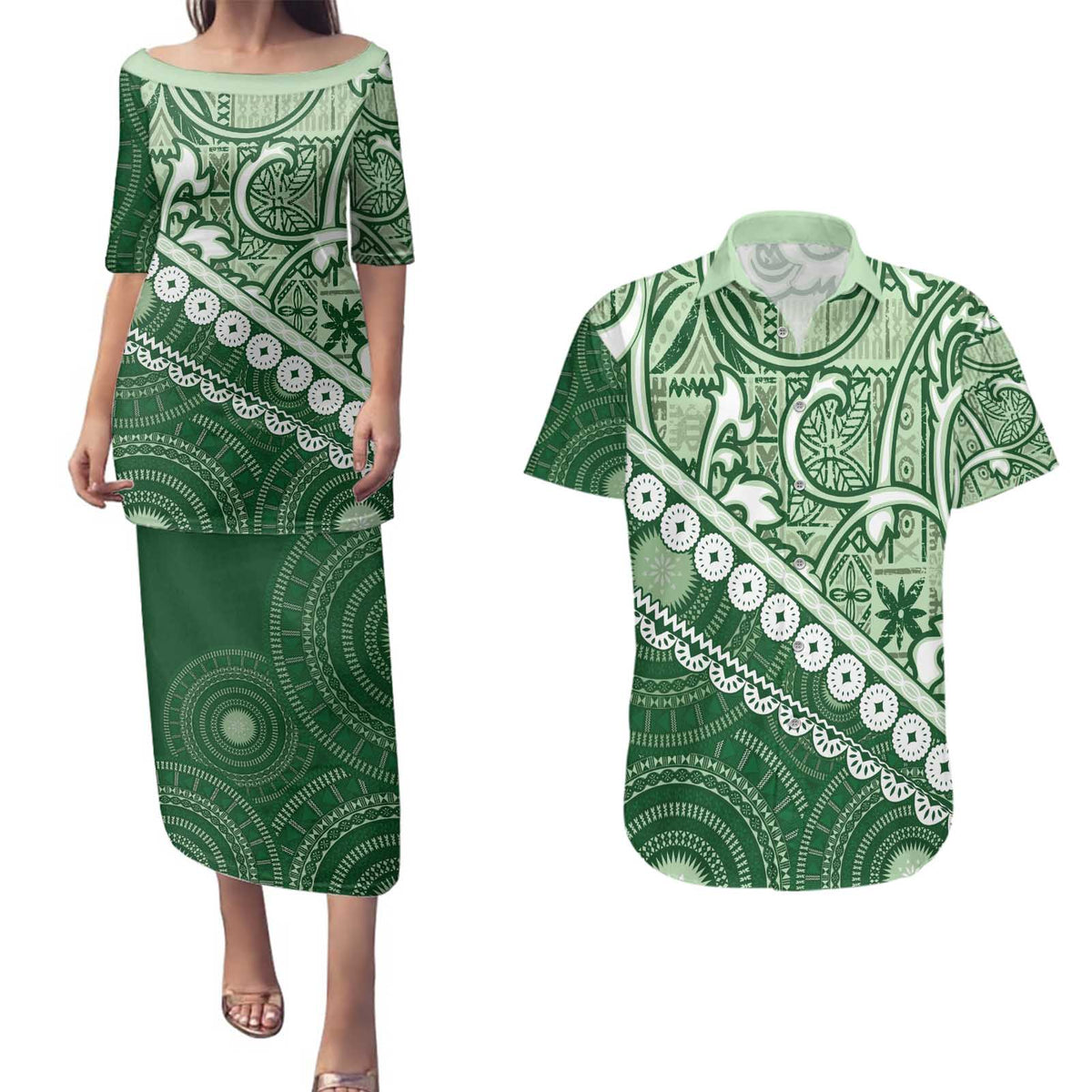 Green Bula Fiji Couples Matching Puletasi and Hawaiian Shirt Fijian Language Week Tapa Cloth - Pastel LT14 Green - Polynesian Pride